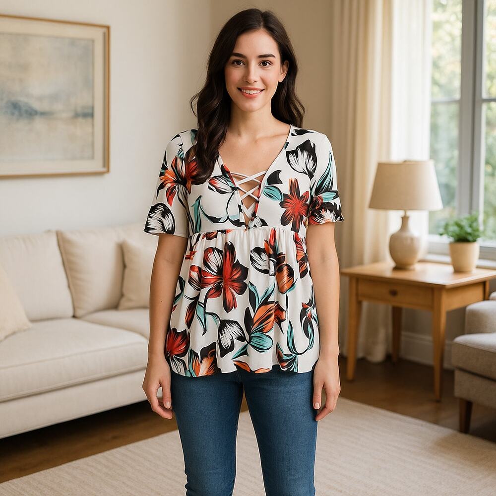 Floral Lace Up Babydoll Top Short Sleeve V Neck Stretch Blouse Size Small